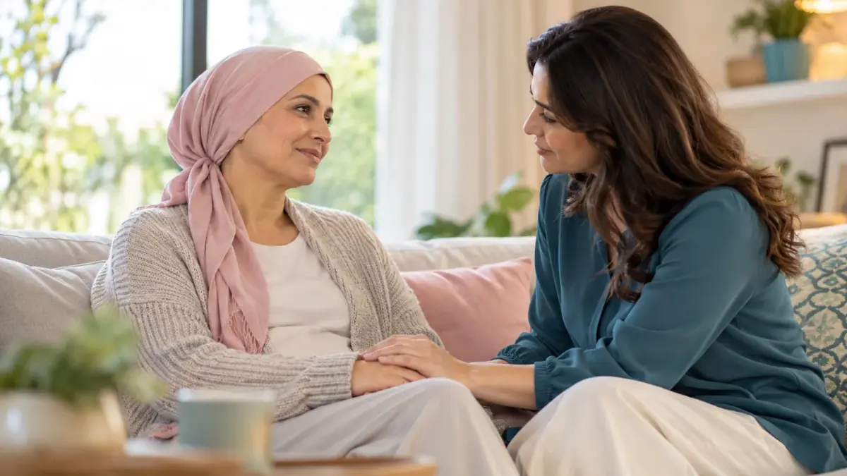 Woman offering emotional support and holding the hands of another woman wearing a pink headscarf