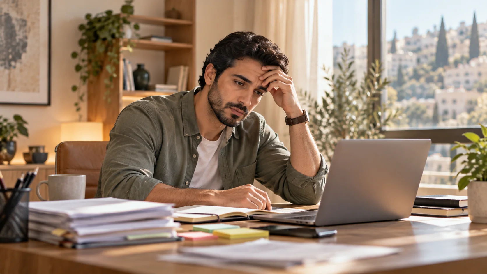 رجل يجلس أمام حاسوب محمول وأوراق عمل متراكمة ويشعر بصعوبة بدء المهام