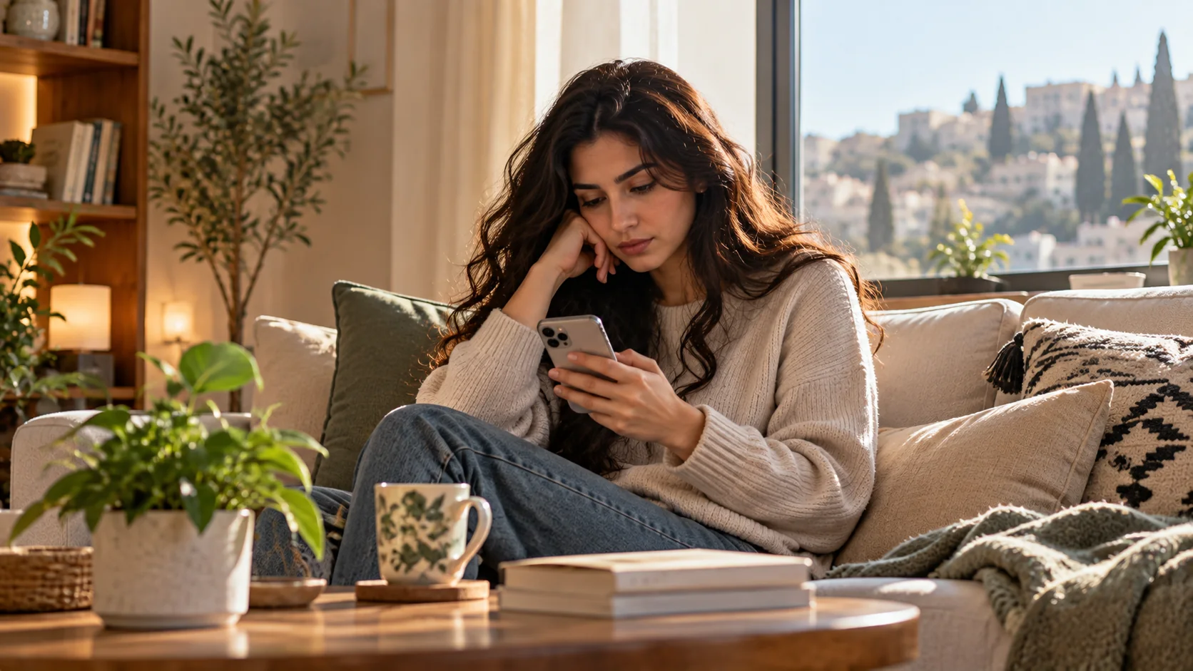 امرأة تتصفح هاتفها أثناء جلوسها في المنزل مع وجود كتاب على الطاولة